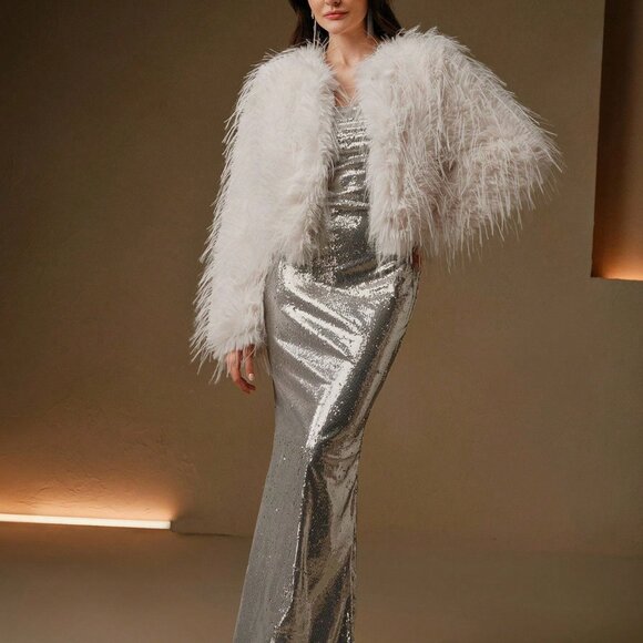 Beige Elegant Women's Party Textured Faux Fur Coat - Picture 1 of 7